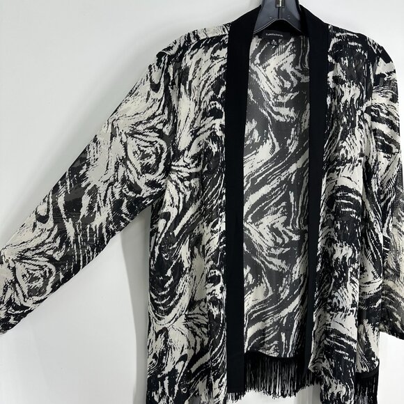 R&M Richards Sheer Jacket Top Open Cardigan Fringe Abstract Print Black Cream - Picture 5 of 8